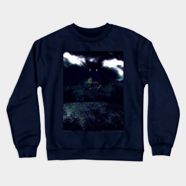 Digital collage and special processing. I am standing in field, and big, dark monster looking on me. Green tones and blue dotted lines. Crewneck Sweatshirt by 234TeeUser234